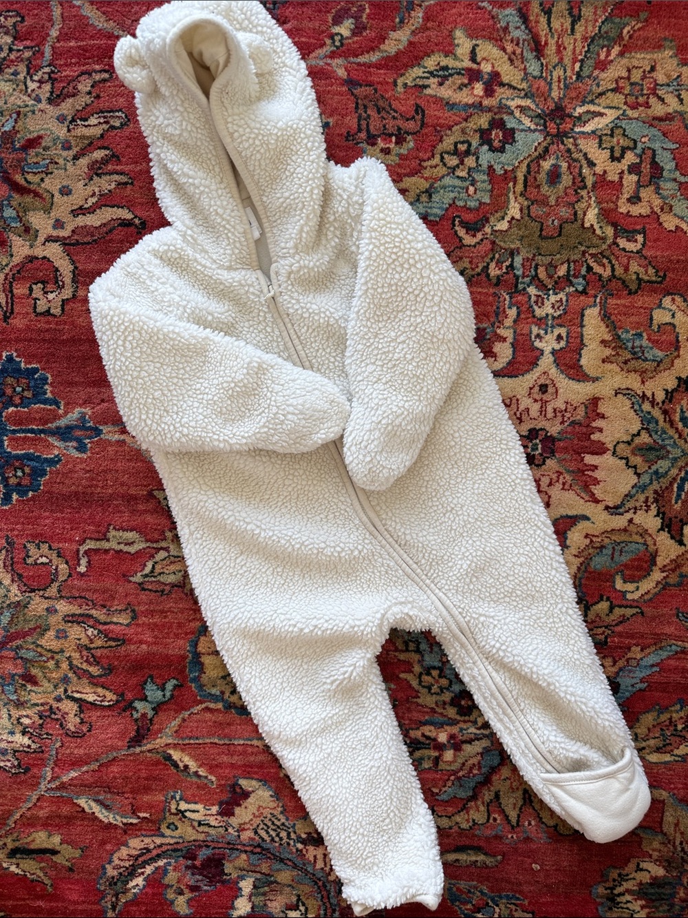 Plush Cream Sherpa Hooded Baby Footie One-Piece - 12-18 months - BARELY USED